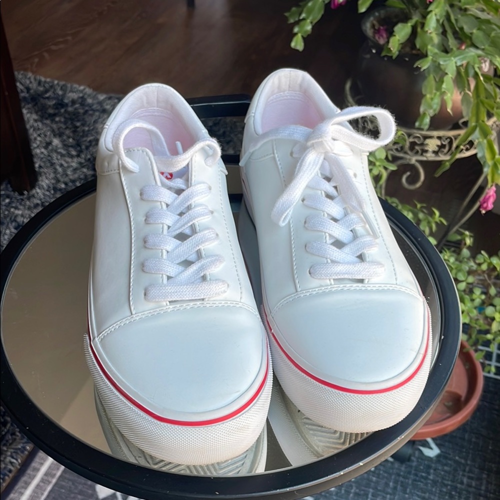 White Sneakers with Red Trim